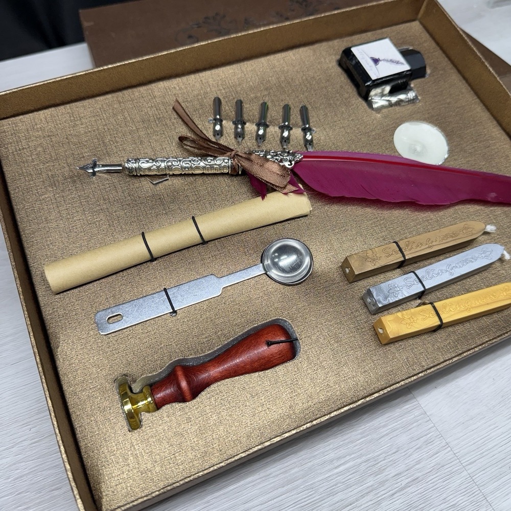 VINTAGE Feather Pen Calligraphy Set with Ink, Nibs, Sealing Wax, Seal Stamp, Box